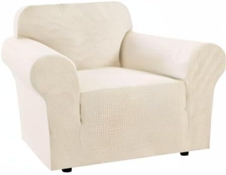 H.VERSAILTEX Stretch Chair Slipcover 1-Piece Armchair Couch Cover Furniture Protector Fit Chair Width 30-40 Inches Jacquard Small Checked with Elastic Bottom for Kids(Armchair, Natural)