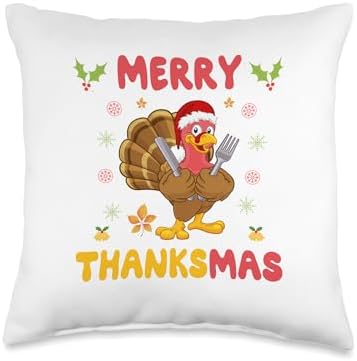 Merry Thanksmas Funny Turkey Santa Christmas Thanksgiving Throw Pillow by Unknown
