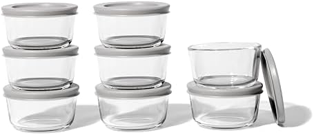 16-Piece Glass Food Storage Containers Set (8 Containers + 8 BPA-Free Lids) | 1-Cup, Leakproof | Microwave, Freezer, Oven & Dishwasher Safe | Ideal for Meal Prep & Pantry Organization, Grey