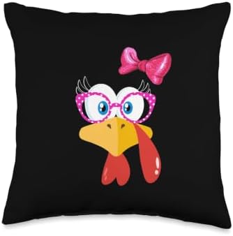 Turkey face Girl Pink Bow Shirt Funny Thanksgiving Women Throw Pillow by Unknown