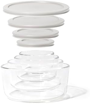 8-Piece Glass Food Storage Containers Set (4 Containers + 4 Lids) | Round, Nesting, Microwave & Dishwasher Safe | BPA-Free, Space-Saving | Grey Lids for Pantry & Kitchen Organization, Grey
