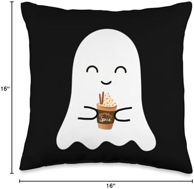 Cute Ghost Sipping Pumpkin Spice Fall Thanksgiving Spooky Season Cute Little Ghost Pumpkin Spice Latte Lover Throw Pillow, 16x16, Multicolor - Image 4