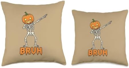 Thanksgiving Bruh Pumpkin Skeleton Dabbing, Funny Halloween Throw Pillow - Image 3
