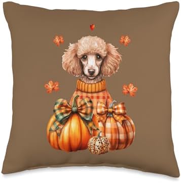 Watercolor Poodle Dog Pumpkin Autumn Fall Thanksgiving Gift Throw Pillow by Unknown