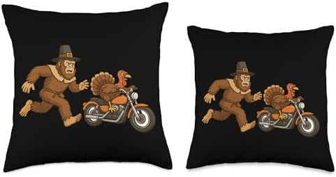 Thanksgiving Turkey Motorcycle Chase Funny Bigfoot Men Throw Pillow - Image 3