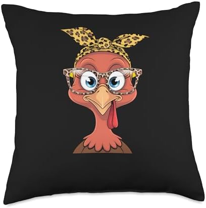 Thanksgiving Fall Turkey Face Leopard Print Glasses Autumn Throw Pillow by Unknown