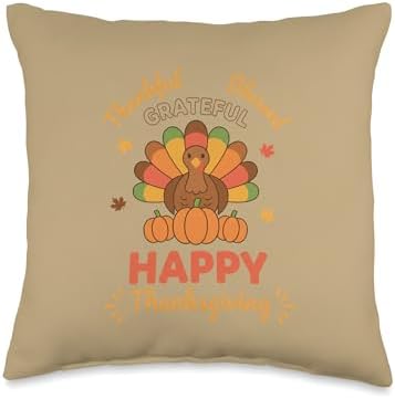Thankful Grateful Blessed Happy Thanksgiving Turkey Pumpkin Throw Pillow by Unknown