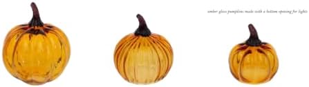 Boston International Hand Blown Glass Pumpkin Tabletop Mantel Shelf Fall Autumn Thanksgiving Halloween Decorations for Home, Small, Amber Orange
