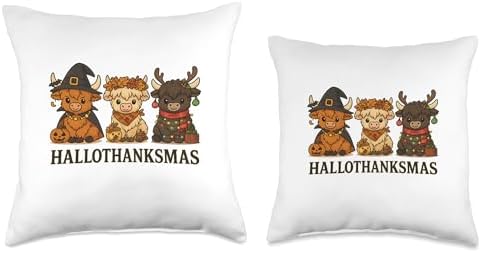 Hallothanksmas Highland Cow Trio Halloween Thanksgiving Throw Pillow - Image 3