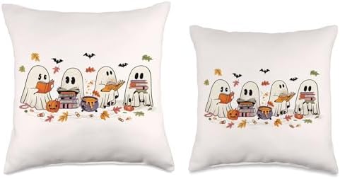 Cute Ghosts Reading Books Halloween Bookworm Book Lover Throw Pillow