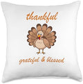 Thankful Grateful Blessed Happy Thanksgiving Turkey Family Throw Pillow by Unknown