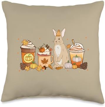 Rabbit Coffee Pumpkin Spice Animal Fall Thanksgiving Throw Pillow by Unknown
