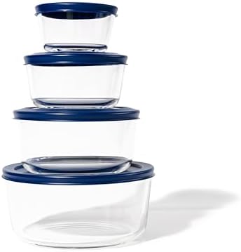 8-Piece Glass Food Storage Containers Set (4 Containers + 4 Lids) | Round, Nesting, Microwave & Dishwasher Safe | BPA-Free, Space-Saving | Blue Lids for Pantry & Kitchen Organization, Blue
