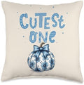 Cutest One Pumpkin Floral Coquette Blue Bow Thanksgiving Throw Pillow by Unknown