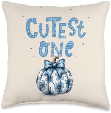 Cutest One Pumpkin Floral Coquette Blue Bow Thanksgiving Throw Pillow by Unknown