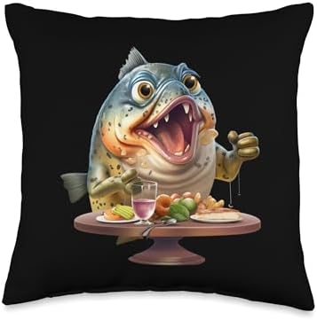 Funny Christmas Thanksgiving fish trout dinner Funny Fish Trout Eating Thanksgiving and Christmas Dinner Throw Pillow, 16x16, Multicolor by Unknown