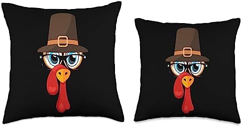 Cute Thanksgiving Season Turkey Face Costume Tiny Pilgrim Turkey Face, & Glasses for Thanksgiving Day Throw Pillow, 18x18, Multicolor - Image 3