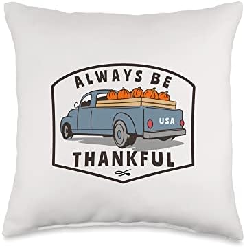 Vintage Pumpkin Truck USA Fall Thanksgiving Thankful Throw Pillow by Unknown