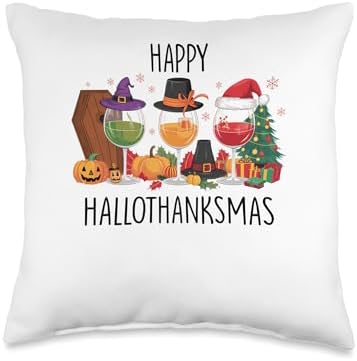 halloween thanksgiving christmas happy hallothanksmas glass Throw Pillow by Unknown