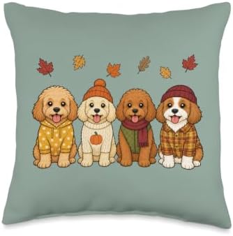 Cavapoo Fall Autumn Season Doodle Dog Pumpkin Throw Pillow by Unknown