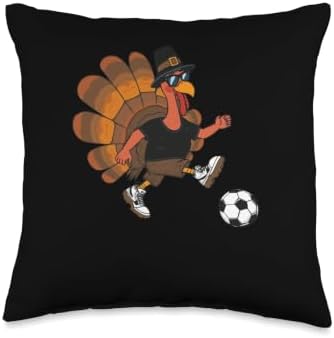 Funny Happy Thanksgiving Turkey Soccer Lovers Boys Men Kids Throw Pillow by Unknown