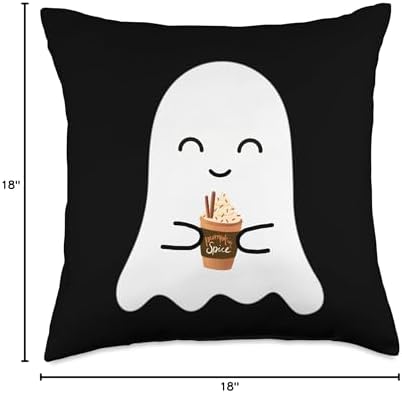 Cute Ghost Sipping Pumpkin Spice Fall Thanksgiving Spooky Season Cute Little Ghost Pumpkin Spice Latte Lover Throw Pillow, 18x18, Multicolor - Image 4