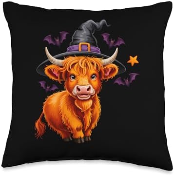 Retro Halloween Highland Cow Pumpkin Fall Cow Thanksgiving Throw Pillow by Unknown