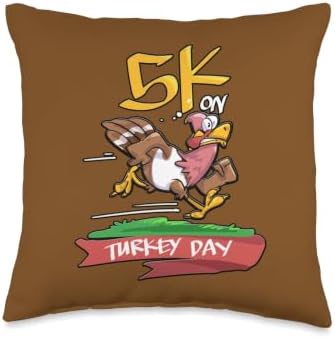 5K on Turkey Day Funny Thanksgiving Running Turkey Throw Pillow by Unknown