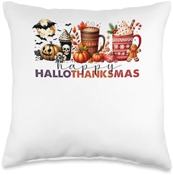 halloween thanksgiving christmas happy hallothanksmas coffee Throw Pillow by Unknown