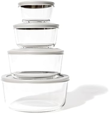 8-Piece Glass Food Storage Containers Set (4 Containers + 4 Lids) | Round, Nesting, Microwave & Dishwasher Safe | BPA-Free, Space-Saving | Grey Lids for Pantry & Kitchen Organization, Grey