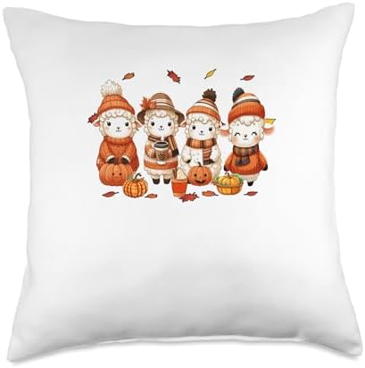 Group Cute Sheeps Thanksgiving Flowers Fall Pumpkins Farmer Throw Pillow by Unknown