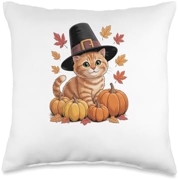 Funny Orange Pilgrim CAT Thanksgiving Throw Pillow by Unknown