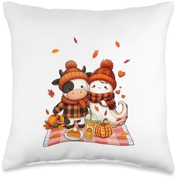 Cow with Boo Halloween Thanksgiving Fall Leaves Pumpkins Throw Pillow by Unknown
