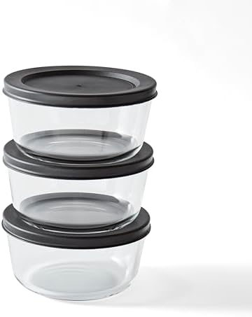 6-Piece Glass Food Storage Containers Set (3 Containers + 3 BPA-Free Lids) | 2-Cup, Leakproof | Microwave, Freezer, Oven & Dishwasher Safe | Ideal for Meal Prep & Pantry Organization, Black