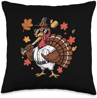 Thanksgiving Baseball Player Turkey Fall Sport Men Boys Kids Throw Pillow by Unknown