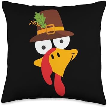 Cute Turkey Face With Pilgrim Hat For Thanksgiving Throw Pillow by Unknown