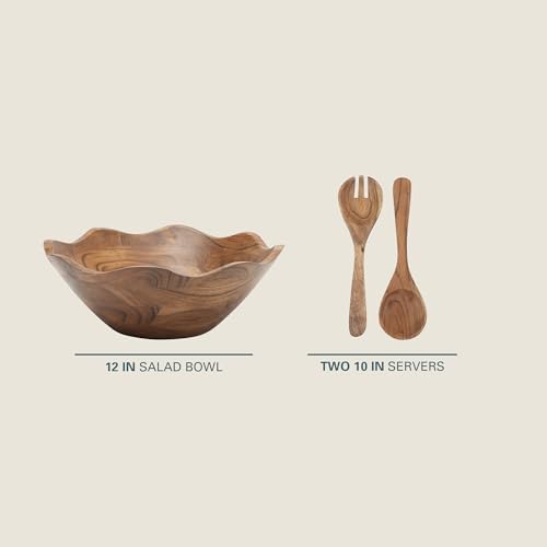 Gibson Home Sandhurst 3-Piece Acacia Wood Salad Bowl Set – 12-Inch Scalloped Serving Bowl with Wooden Salad Servers – Natural Rustic Finish for Dining, Entertaining, or Gifting - Image 2