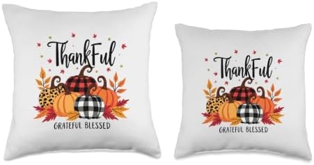 Thankful Grateful Blessed Leopard Plaid Pumpkin Thanksgiving Throw Pillow - Image 3