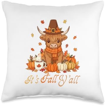 Fall Y'all Thanksgiving Highland Cow Autumn Leaves Pumpkins Throw Pillow by Unknown