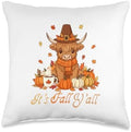Fall Y'all Thanksgiving Highland Cow Autumn Leaves Pumpkins Throw Pillow by Unknown