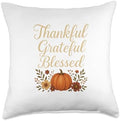 Thankful Grateful Blessed Pumpkin Floral Fall Thanksgiving Throw Pillow by Unknown