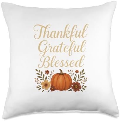 Thankful Grateful Blessed Pumpkin Floral Fall Thanksgiving Throw Pillow by Unknown