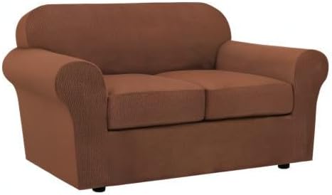H.VERSAILTEX 3 Piece Stretch Sofa Covers for 2 Cushion Loveseat Couch Covers for Living Room Furniture Cover (Base Cover Plus 2 Seat Cushion Covers) Thicker Jacquard Fabric(Medium Sofa, Caramel)