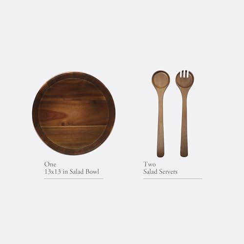 Gibson Home Laurelton 3-Piece Acacia Wood Salad Serving Bowl Set – Large 13-Inch Bowl with 2 Serving Tools - Image 3