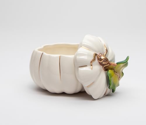 Cosmos Gifts 21072 Fine Ceramic Thanksgiving White with Gold Pumpkin Keepsake Trinket Box, 3-5/8" L - Image 6