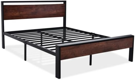 Allewie Queen Size Bed Frame, Heavy Duty 12 Metal Slats Support, Mahogany | Wooden Headboard and Footboard, Modern Platform Bed, No Box Spring Needed, Under-Bed Storage, Noise Free, Easy Assembly