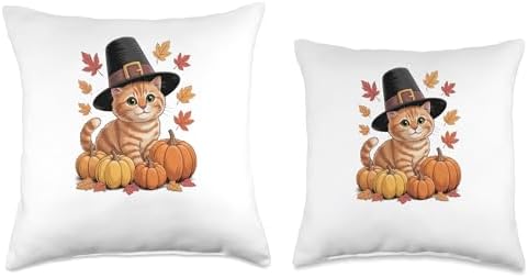 Funny Orange Pilgrim CAT Thanksgiving Throw Pillow - Image 3