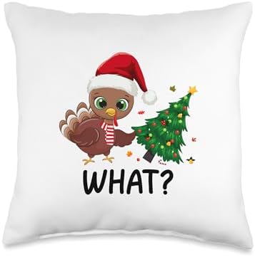 Funny Turkey Pushing Christmas Tree What? Xmas Thanksgiving Throw Pillow by Unknown