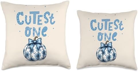 Cutest One Pumpkin Floral Coquette Blue Bow Thanksgiving Throw Pillow - Image 3