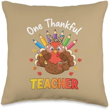 Teacher One Thankful Teacher Thanksgiving Turkey Pencil Fall Throw Pillow by Unknown